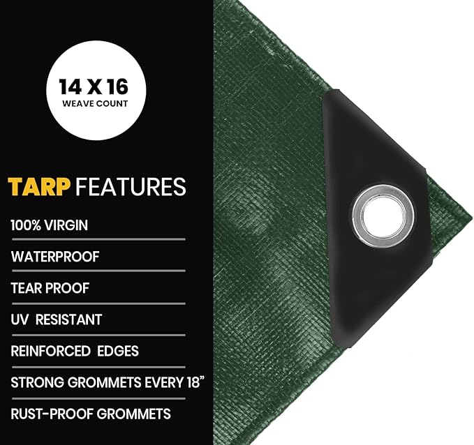 PROTARP Extra Heavy Duty 16 Mil Tarp Cover, Waterproof, UV Resistant, Rip and Tear Proof, Poly Tarpaulin with Reinforced Edges for Roof, Camping, Patio, Pool, Boat. (Green/Black 6′ X 8′)