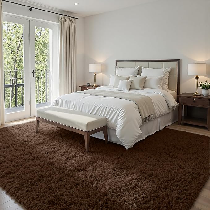 5x8 Area Rugs for Living Room: Soft Fluffy Shag Brown Rugs for Bedroom