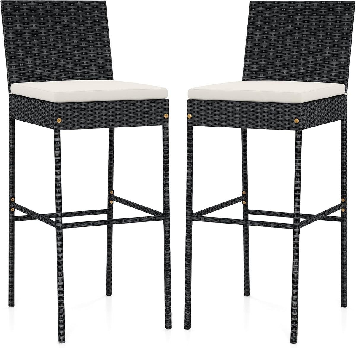Tangkula Set of 2 Patio Wicker Barstools, Outdoor Bar Height Chair w/Soft Seat Cushion & Cozy Footrest, Heavy-Duty Metal Frame, 400 lbs Max Load, Mix Brown Rattan Bar Chair for Backyard, Balcony