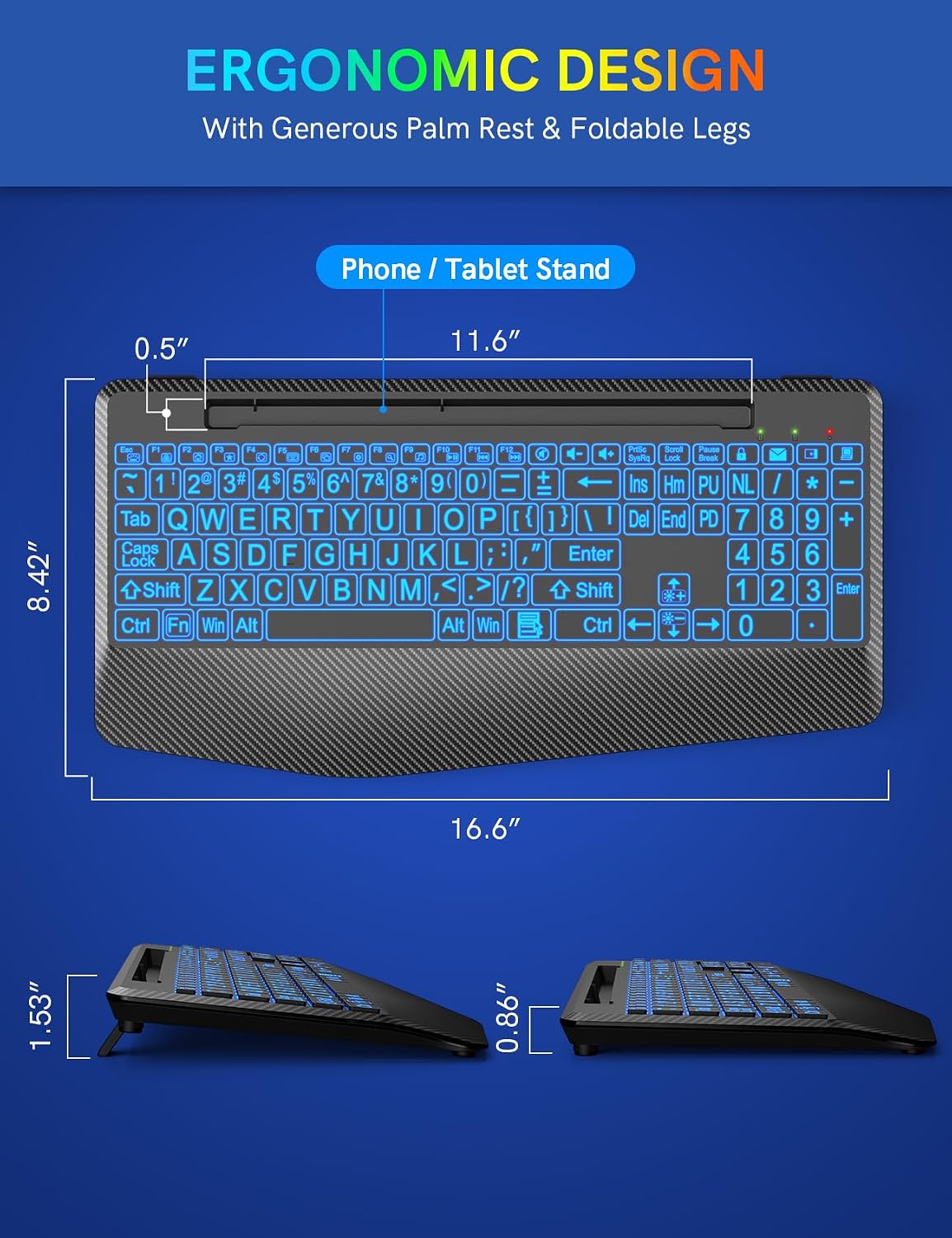 Wireless Keyboard, 7 Colored Backlits, Wrist Rest, Phone Holder-Large Print