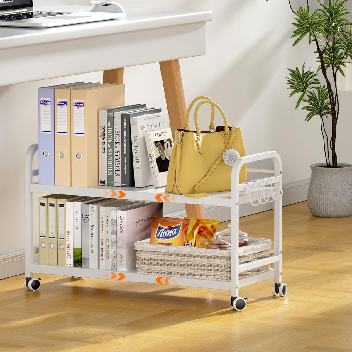 2-Tier Expandable Rolling Cart, Pantry Storage Cart with Wheels, Adjustable Rolling Pantry Floor Organizer