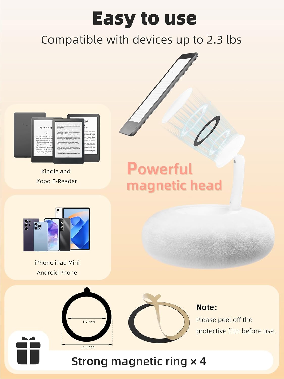 VOLTIFYMAX Magnetic Pillow Holder with Page Turner, 360° Adjustable Phone Holder for Bed, Storage Bowl for Tablet Stand with Stable Suction Base, Compatible with Kindle and Phone 4-7" Devices (White)