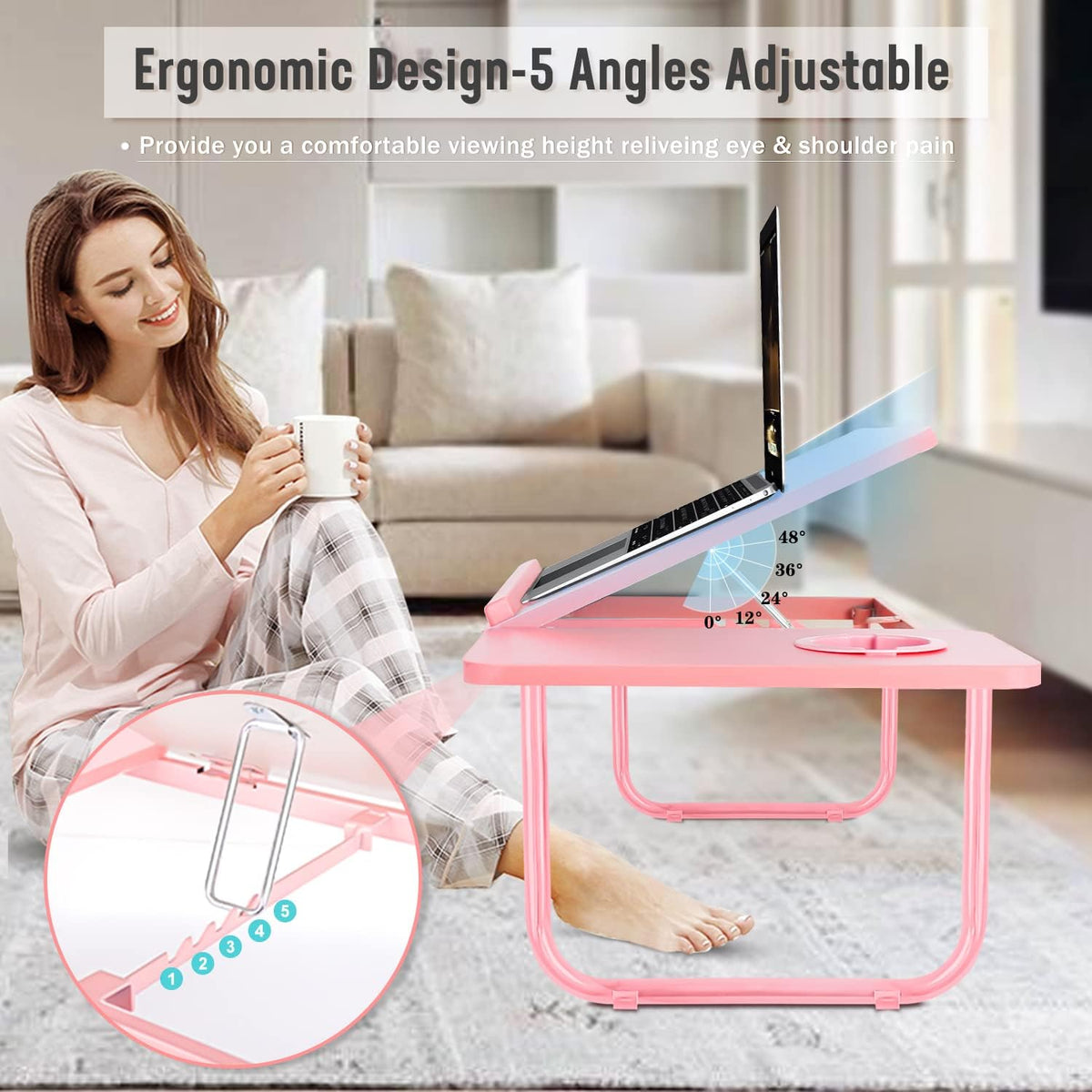 EYdoter Foldable Lap Desk, Adjustable Laptop Bed Table with Cup Holder