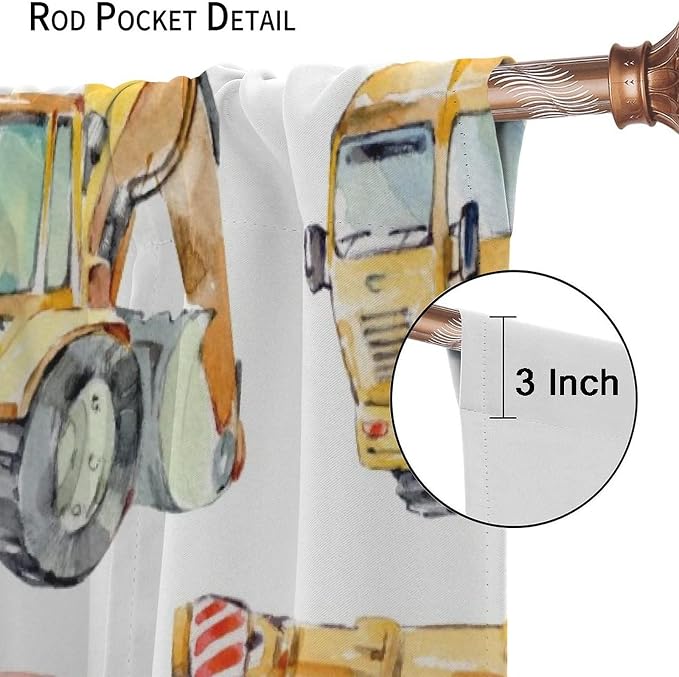 Kids Excavator Curtains, Retro Truck Tractor Machinery Construction Vehicle