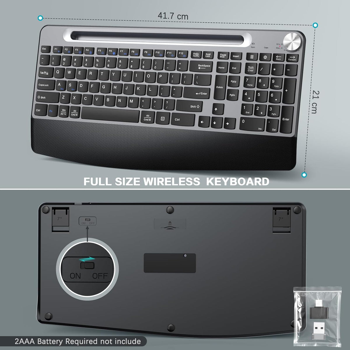 JOYACCESS Ergonomic Wireless Keyboard with Wrist Rest, Low-Profile,Phone Holder,2.4GHz Full Size Silent Cordless USB Computer Keyboard for Windows, Mac OS Desktop/Laptop/PC-Black Grey