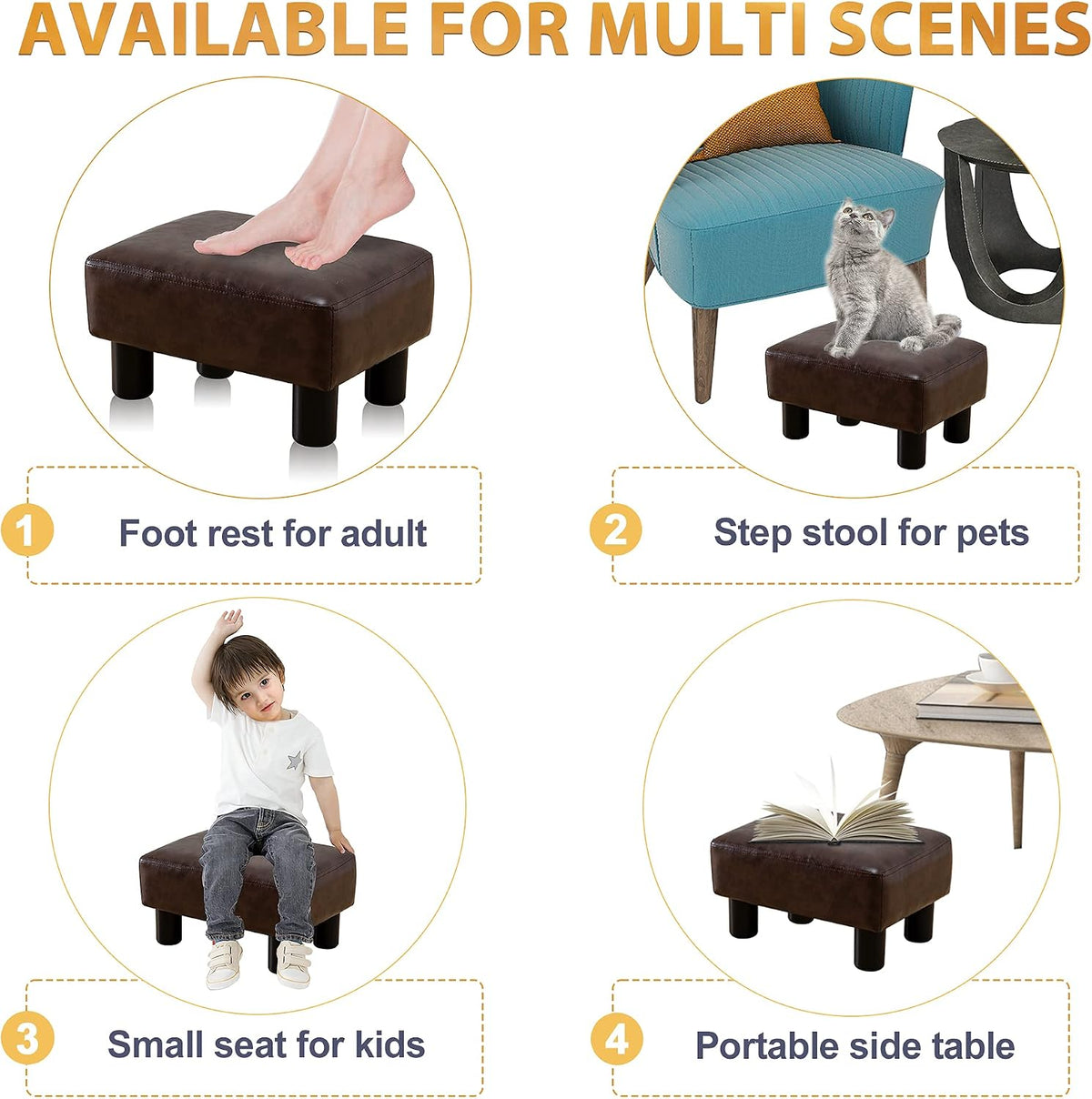 LUE BONA Small Rectangle Foot Stool, PU Leather Fabric Footrest Ottoman with Non-Skid Plastic Legs, Modern Rectangle Footrest Small Step Stool Ottoman for Couch, Desk, Office, Living Room, Brown