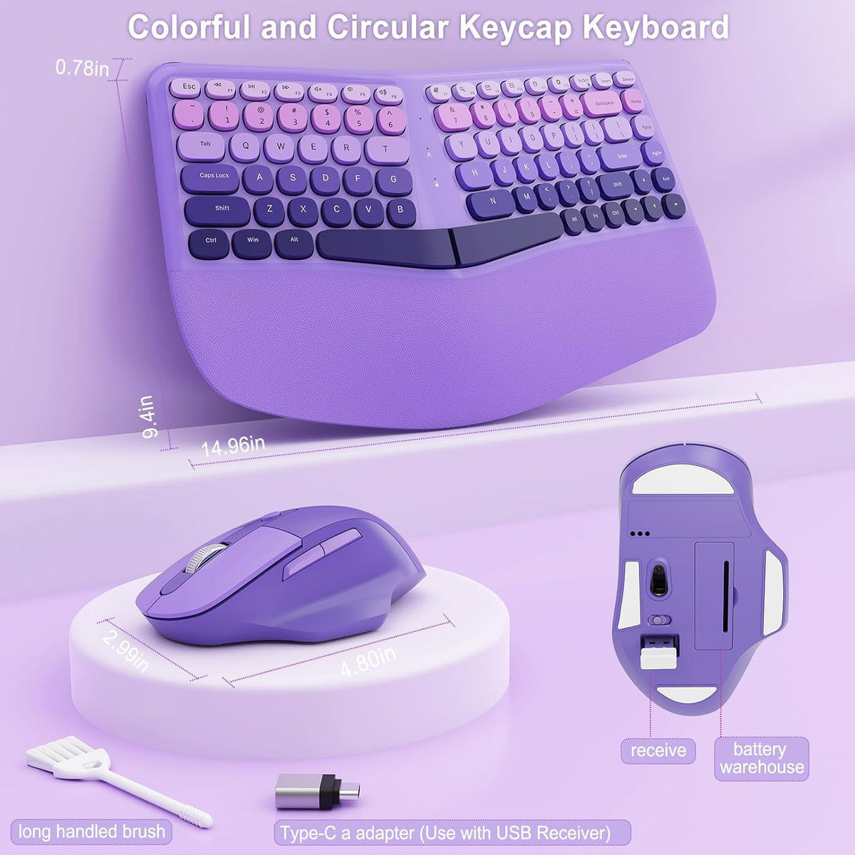 Ergonomic Wireless Keyboard Mouse, Mechanical Gaming Set with Wrist Rest