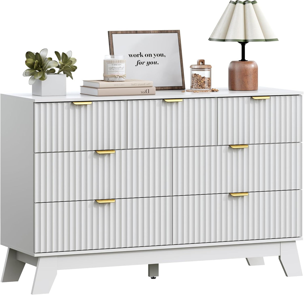 Wodeer 7 Drawer Fluted Dresser for Bedroom, Mid Century Modern Dresser with 7 Drawers, Dressers & Chests of Drawers with Metal Handle, TV Stand & Storage Organizer for Entryway, Hallway, White
