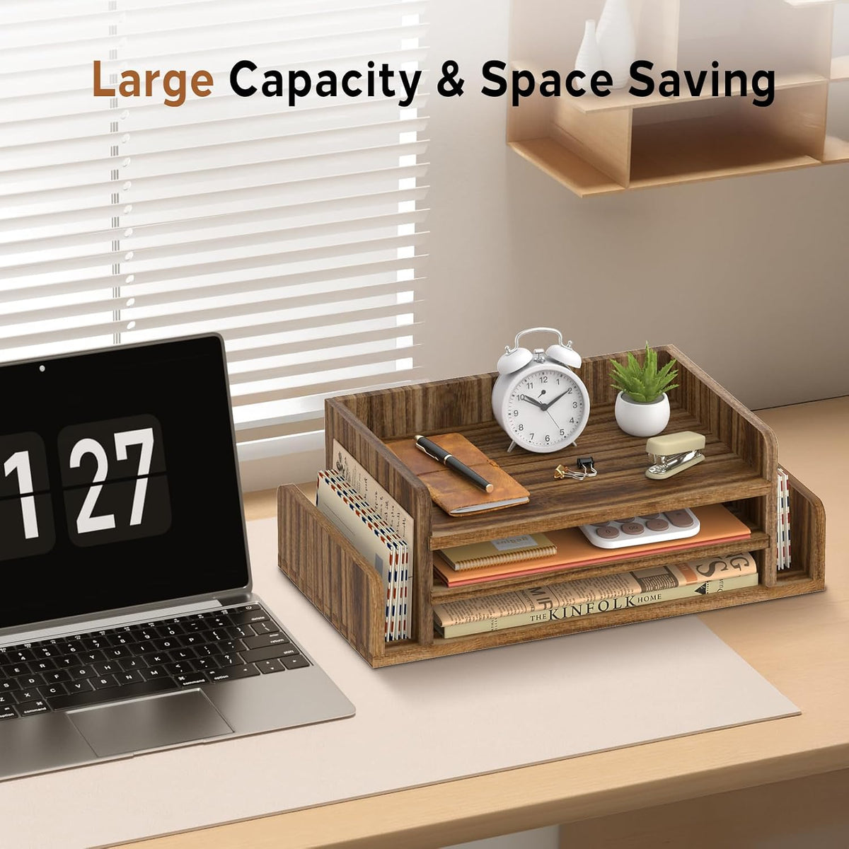 Wooden Desk Organizer, 3-Tier Paper Trays with 2 Mail Sorters, Dark Brown