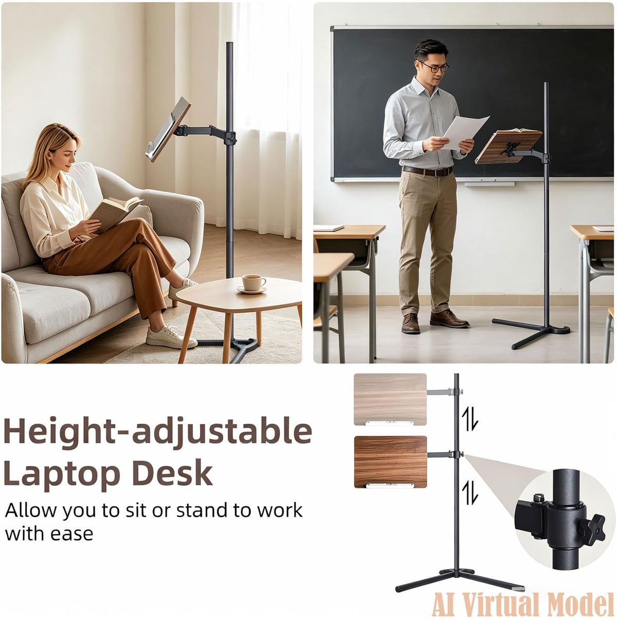 Adjustable Laptop Floor Stand for Bed, Couch, and Standing Desk Use, Large Size (Large)