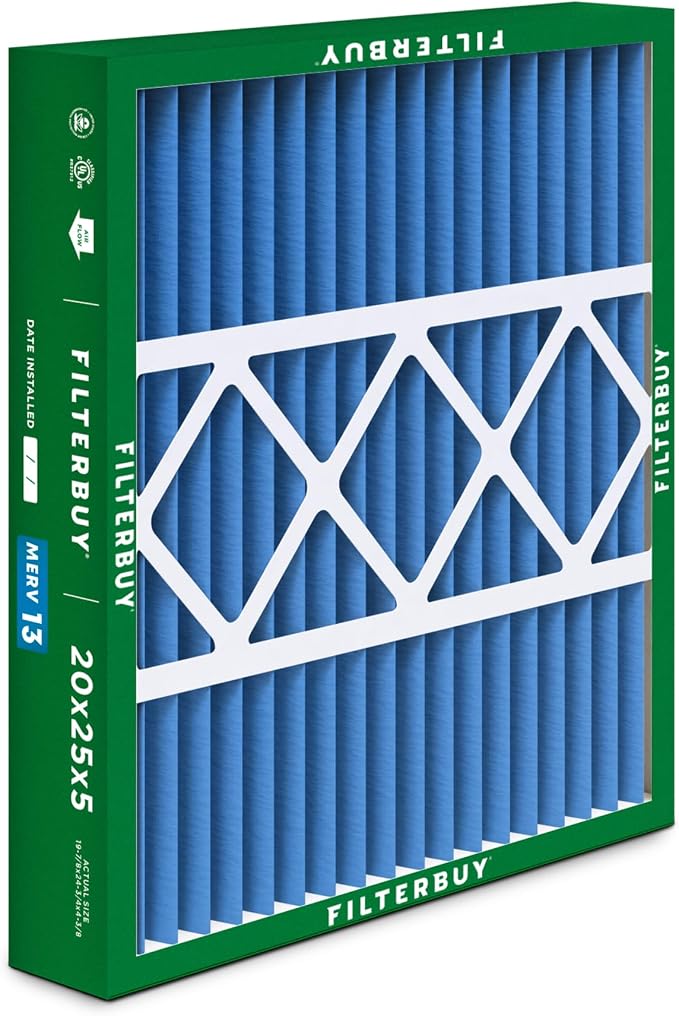 Filterbuy 20x25x5 Air Filter MERV 13 Optimal Smoke & Allergy Defense, Pleated
