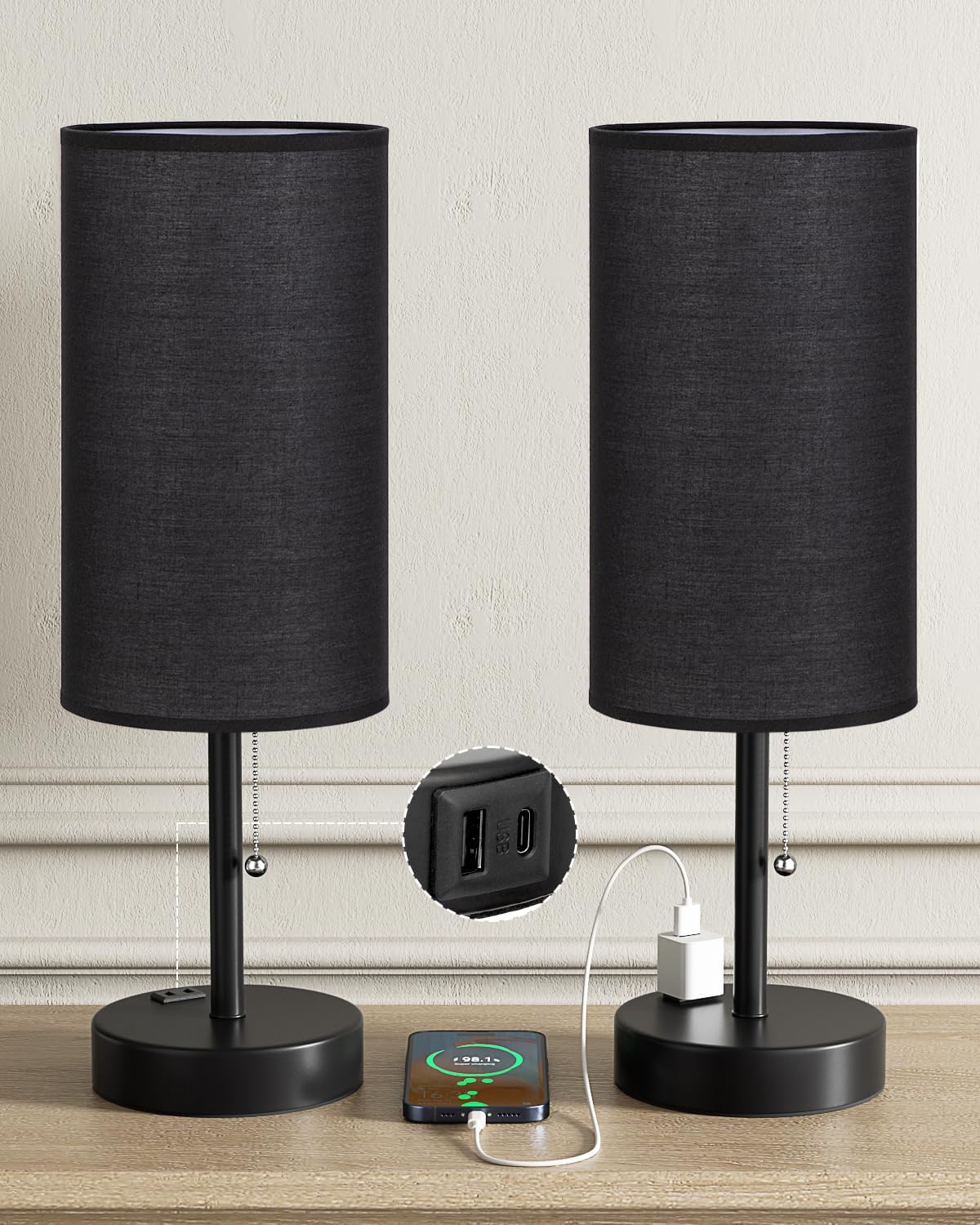 17.4" Black Bedside Table Lamps Set of 2 - Bedroom Lamp, USB C+A, AC Outlet