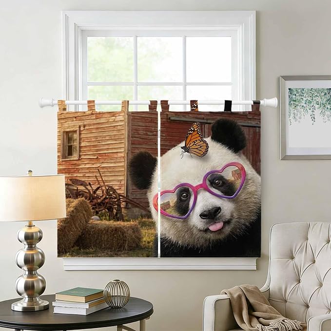 Farm Panda Bedroom Curtains 63 Inch Length, Window Curtains Tab Top, Farmhouse