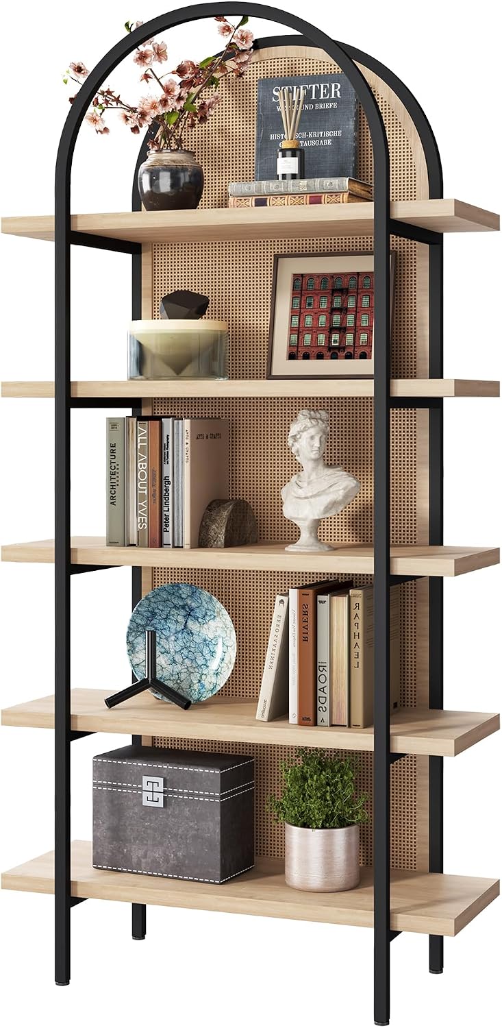 Yusong Bookshelf Rattan 5 Tier Arched Bookcase, 74" Tall Industrial Open Book Shelves for Living Room, Modern Freestanding Display Shelving Boho Storage Rack with Metal Frame for Office, Brown