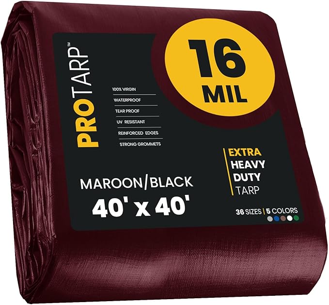 PROTARP Extra Heavy Duty 16 Mil Tarp Cover, Waterproof, UV Resistant, Rip and Tear Proof, Poly Tarpaulin with Reinforced Edges for Roof, Camping, Patio, Pool, Boat. (Maroon/Black 40′ X 40′)