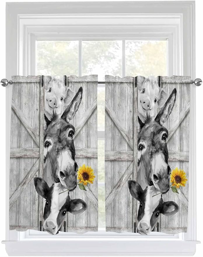 Grey Farmhouse Kitchen Curtains 54 Inches Length, Vintage Sunflowers Animals