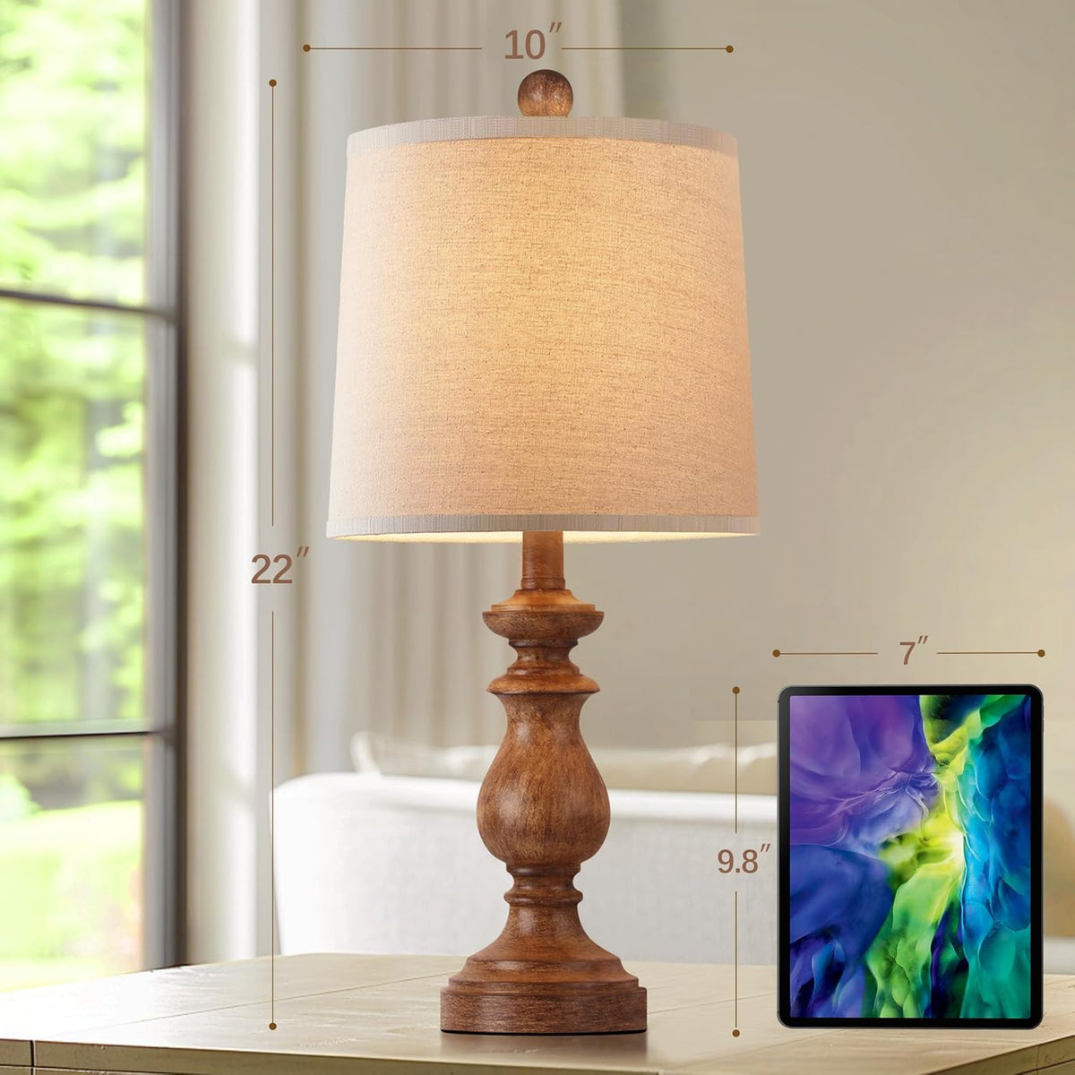 PARTPHONER Traditional Table Lamp Set of 2, Rustic Farmhouse Table Lamps for Living Room Bedroom, 22" Bedside Desk Lamps Vintage Nightstand Lamps with Linen Shades, Wood Grain
