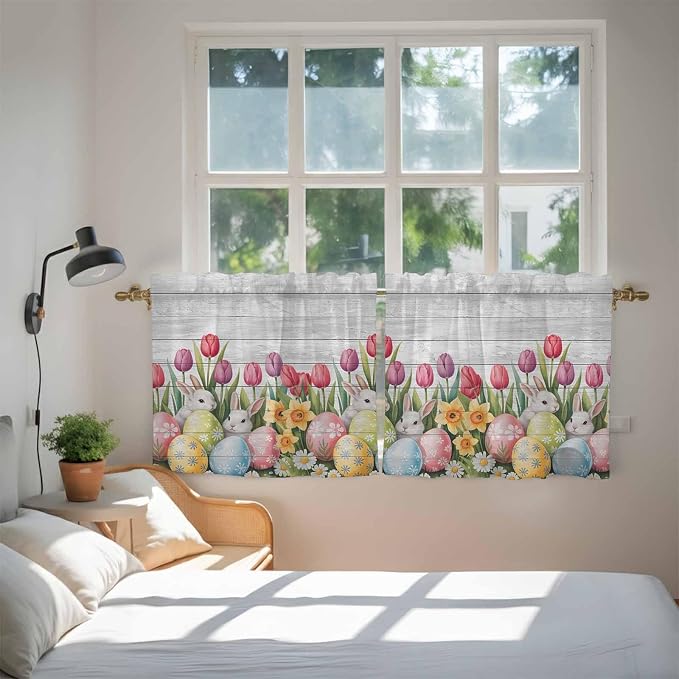 Easter Kitchen Tier Curtains 36 Inch Long 2 Panel Set, Rod Pocket Half Window