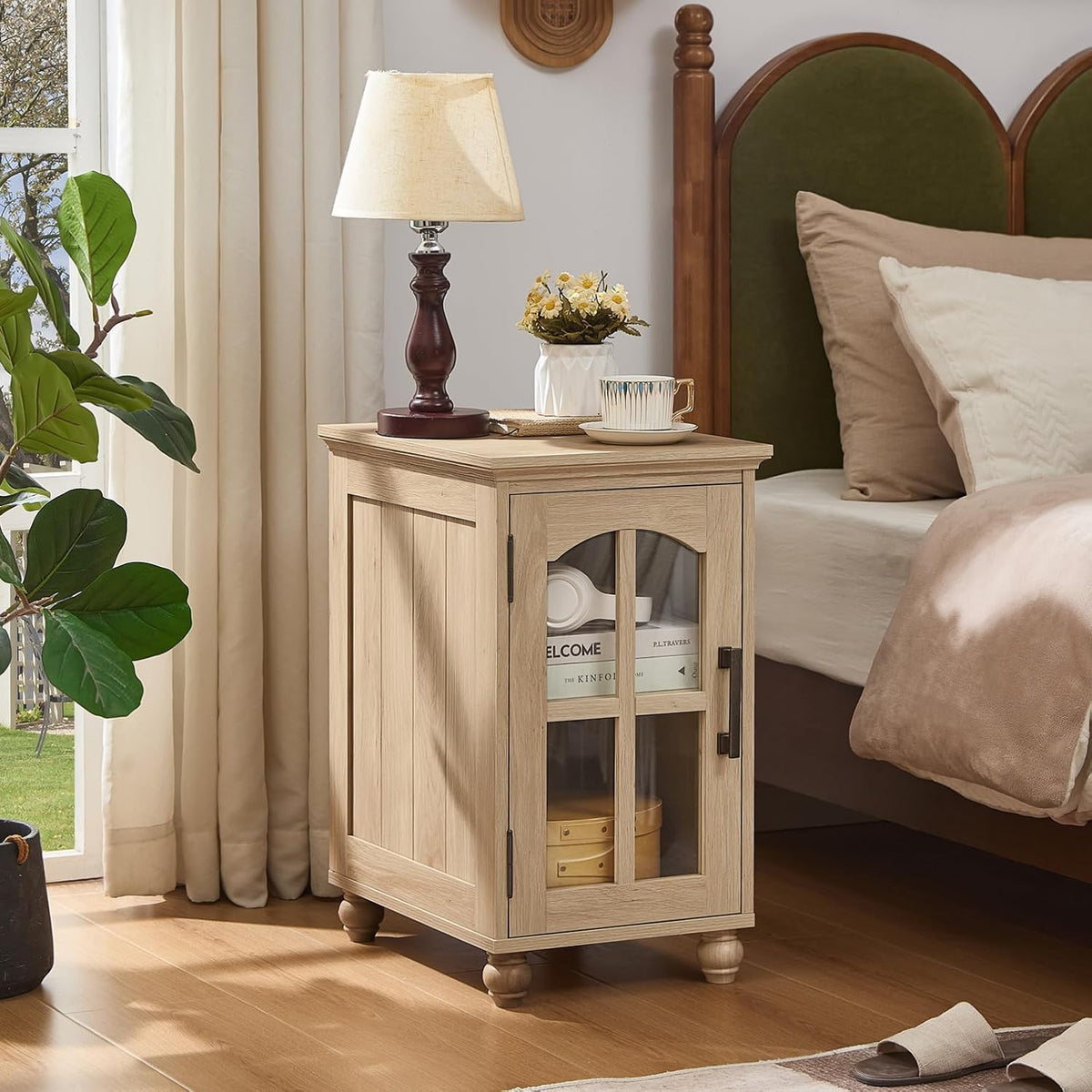 RWYHG Narrow Side Table, Farmhouse Nightstand with Charging Station