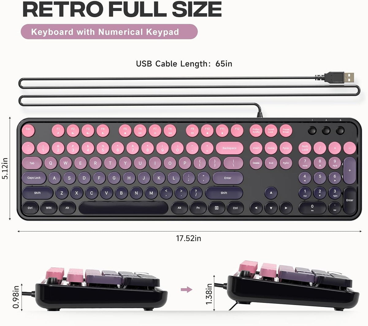 Wired Retro Keyboard, 104 Keys Full-Sized Typewriter Keyboards, Office Keyboard with Number Pad, Foldable Stands for Windows, PC, Laptop, Desktop (Plum Pink Gradient)