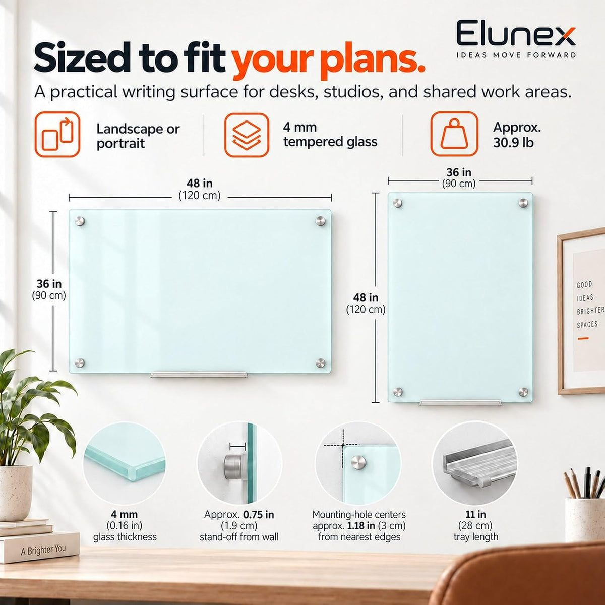 Magnetic Glass Whiteboard, 48 x 36 in, White