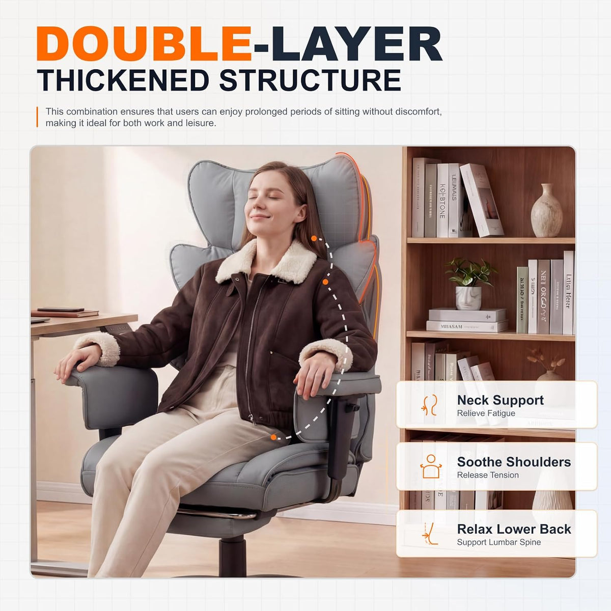 Dowinx Big and Tall Office Chair with Pocket Spring Cushion,High Back Computer Gaming Chairs with Adjustable Armrests,Executive Desk Chairs with Lumbar Support and Footrest,PU-Grey