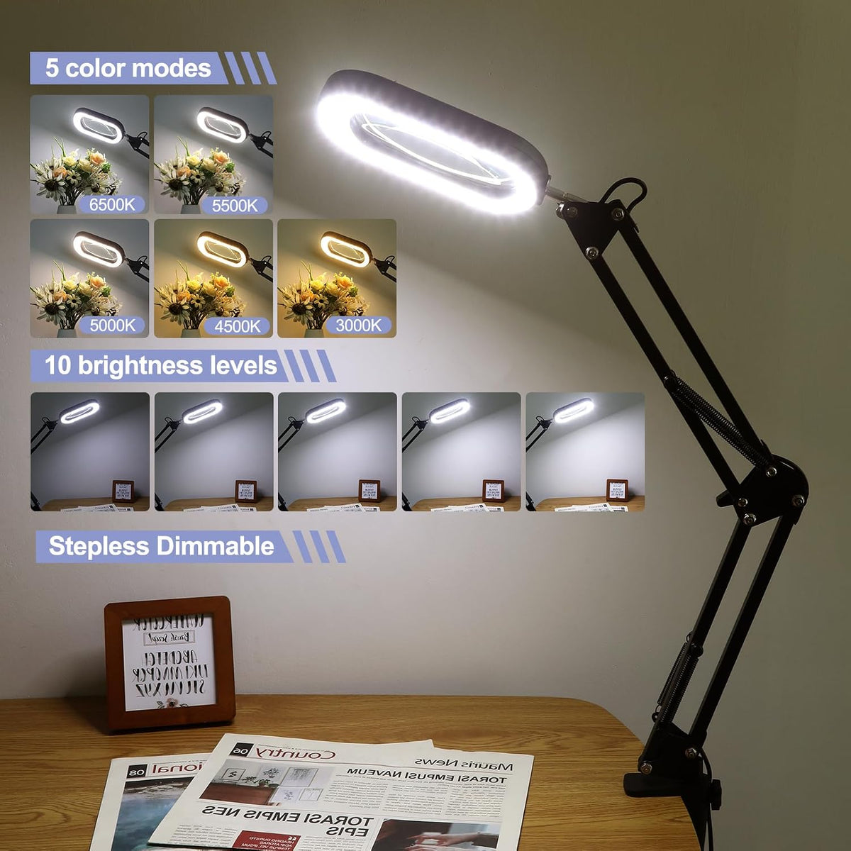 Drdefi 12X Square Magnifying Glass with Light and Stand, Real Glass LED Lighted Magnifier, 5 Color Modes Stepless Dimmable, Hands-Free Mag Desk Lamp with Clamp for Reading Craft Hobby Close Work Black