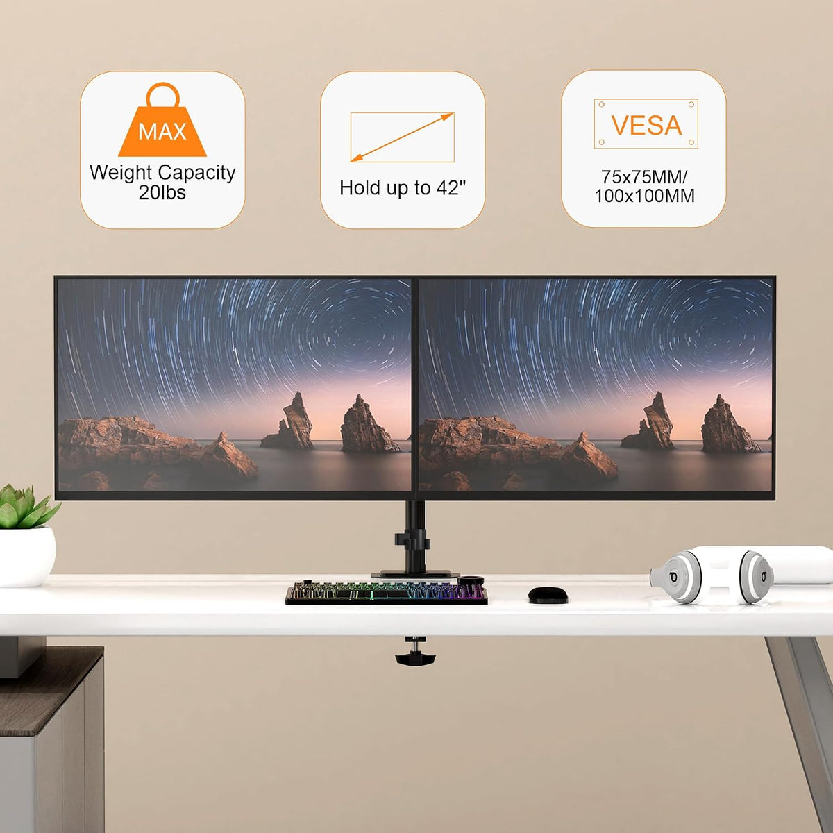 Pholiten Dual Monitor Mount for up to 42Inches, Supports 22 lbs Each