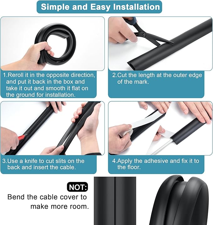 Cord Hider Floor, 3FT, Grey Cord Cover Floor, Cord Protector Floor Extension Cable Cover, Soft PVC Wire Covers - Cable Management Hide Cords on Floor - Cord Cavity: 0.7" (W) x 0.4"(H)