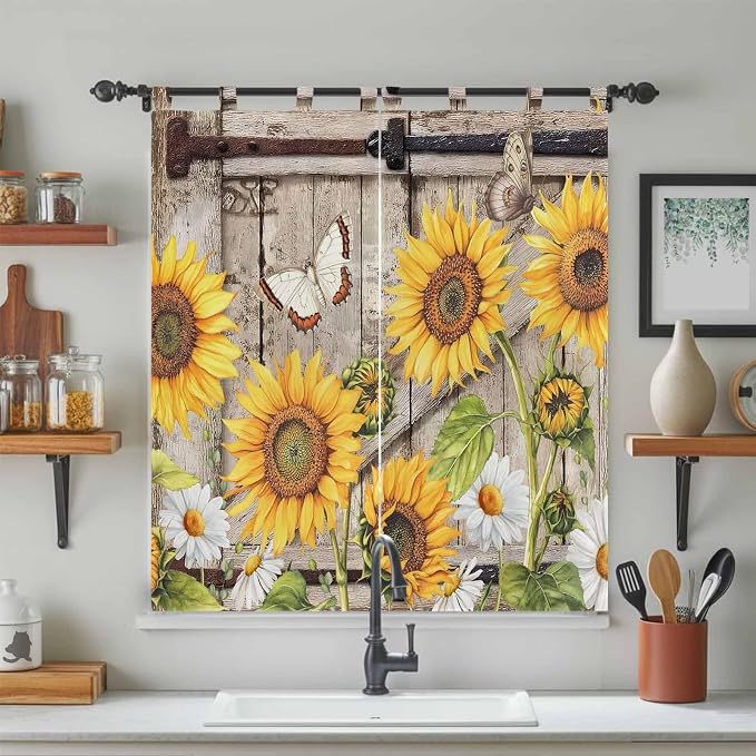 Farmhouse Sunflowers Bathroom Curtains 63 Inch Length, Window Curtains Tab Top
