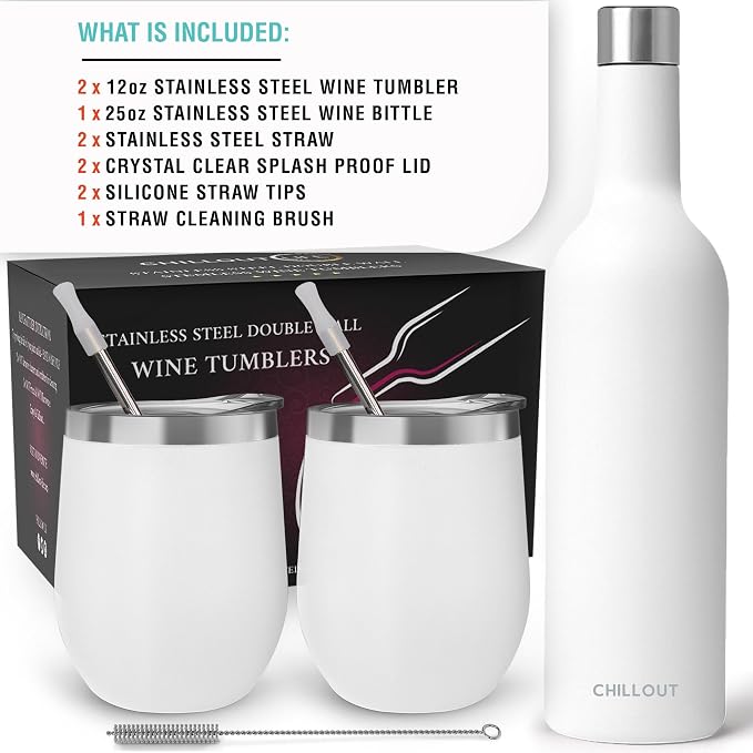 CHILLOUT LIFE 12 oz Stainless Steel Wine Tumblers 2 Pack & 1 Insulated Wine
