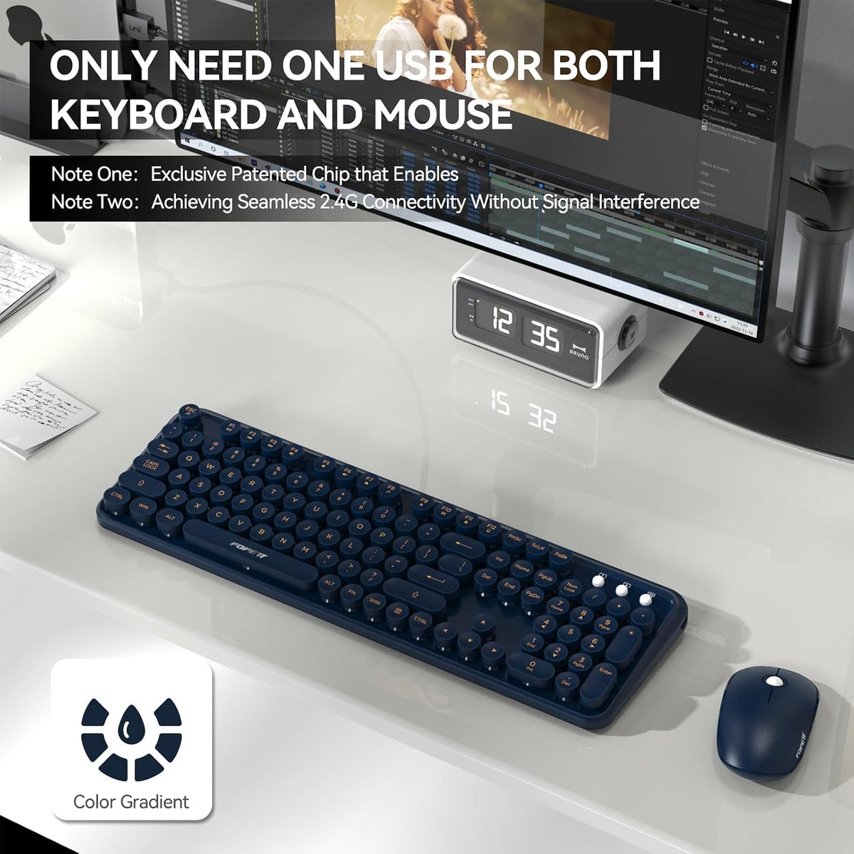 FOPETT Wireless Keyboard and Mouse Combo, 104 Keys Full-Sized 2.4 GHz Round Keycap Colorful Keyboards, USB Receiver Plug and Play, for Windows, Mac, PC, Laptop, Desktop (DarkBlue)