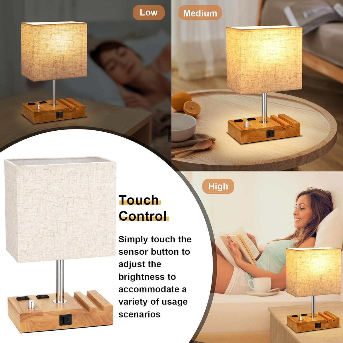 Wood Grain Table Lamp for Bedroom, Stepless Dimmable, USB C+A, 2 AC Outlets