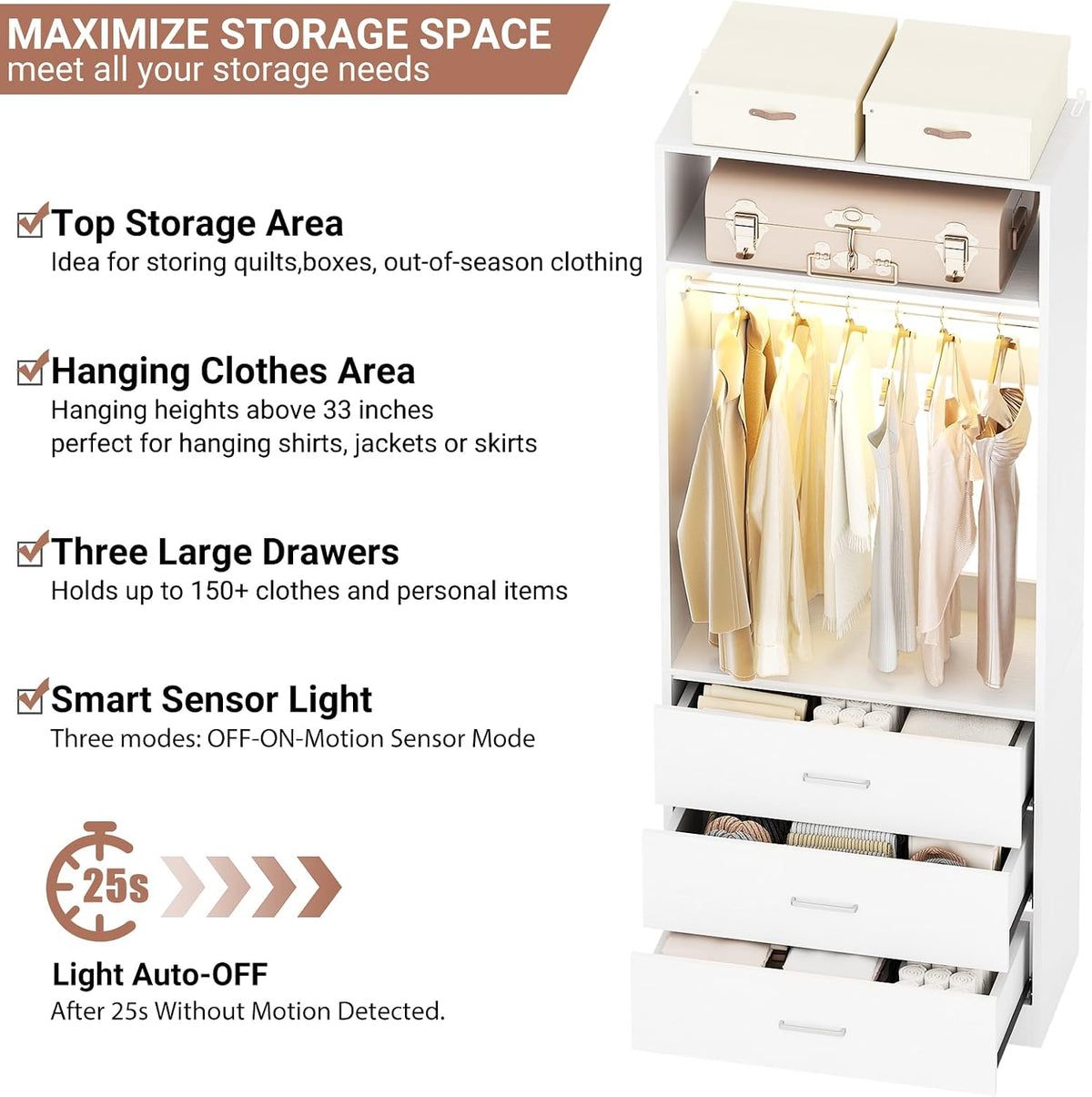 Besiost Freestanding Closet Systems with 2 Motion Sensor LED Lights, 2 Set