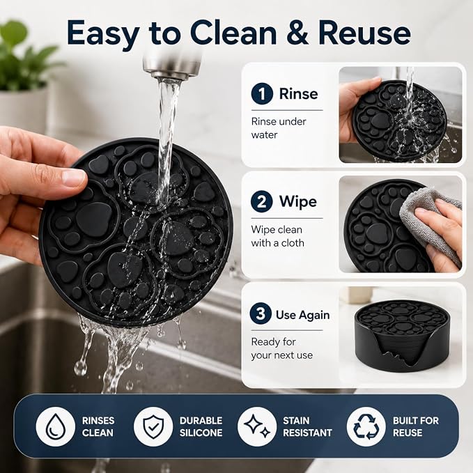 Black Silicone Coasters with Holder, 4 Inch Modern Non-Slip Drink Coasters Set