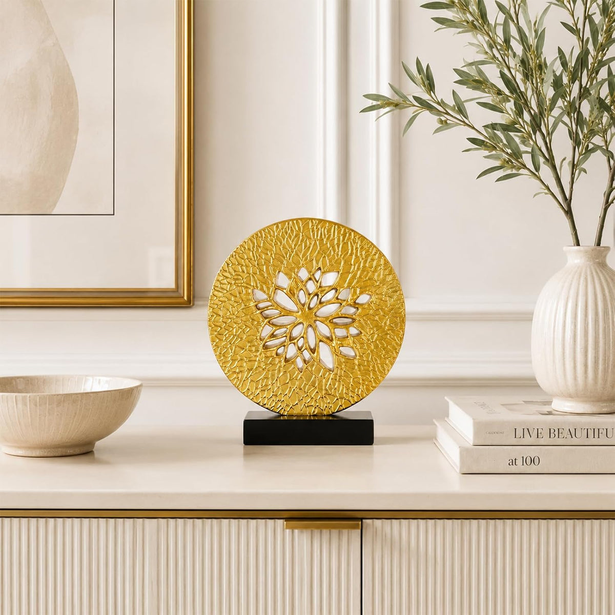 Tree of Life Decorative Sculpture, Round Openwork Tabletop Decor for Cabinet Top, Shelf, Mantel, Console Table, TV Stand and Living Room Home Decor