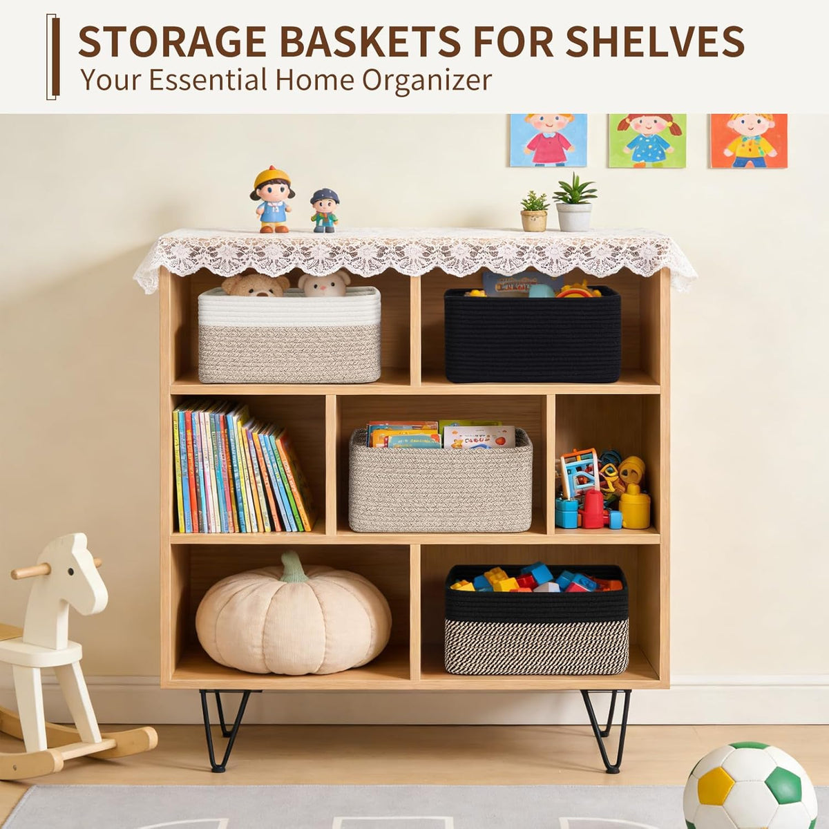 Goodpick 4 Pack Storage Baskets for Organizing Shelves, Gray & White