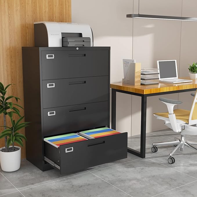 4 Drawer Filing Cabinet with Lock Metal Lateral File Cabinet Office Home Steel Lateral File Cabinet for A4 Legal/Letter Size Wide Metal Cabinet Locked,Assembly Required (4 Drawer, Black)
