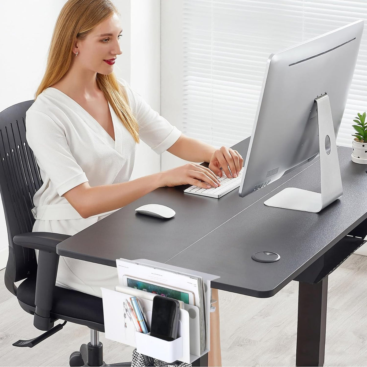 LUKETURE 2 Tier Desk Side Storage, No Drill Laptop Mount with Pen Holder