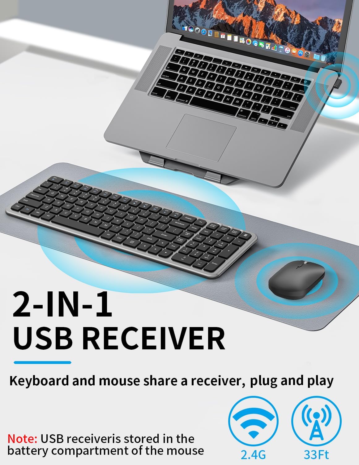 Wireless Keyboard and Mouse Combo, Slim Compact Full Size Flat Keyboard with Calculator Button, Silent Computer Mouse, 2400 DPI, 2.4G USB Cordless Set Suitable for Laptop PC Windows Mac - Gray ﻿