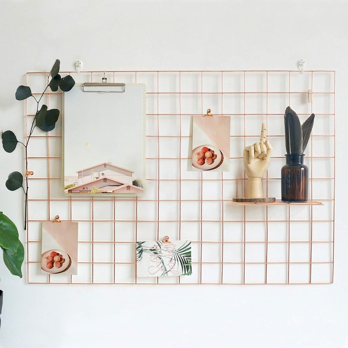 2 Pack Large Wall Grid Panels with Light and Clips, Photo Display Board, Picture Frame Collage Board, Wire Grid Wall Panel Room Decoration,Rose Gold