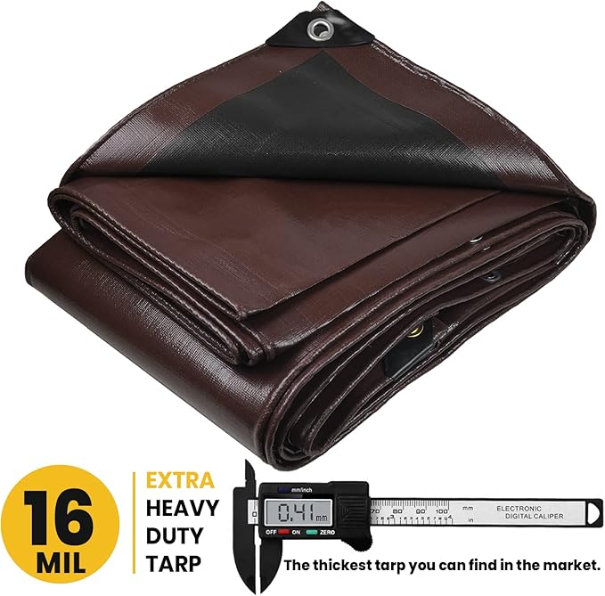 PROTARP Extra Heavy Duty 16 Mil Tarp Cover, Waterproof, UV Resistant, Rip and Tear Proof, Poly Tarpaulin with Reinforced Edges for Roof, Camping, Patio, Pool, Boat. (Brown/Black 50′ X 70′)