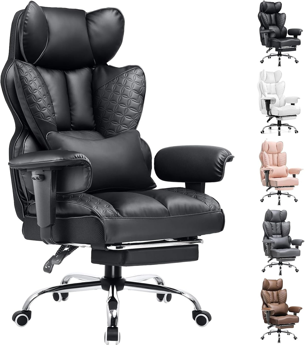 COMHOMA Big and Tall Office Chair Heavy Duty Wide Ergonomic Gaming Chair with Deluxe Embossing Leather with Foot Rest 145°Reclining Adjustable Armrests Pocket Spring Back Support and Without Pillow
