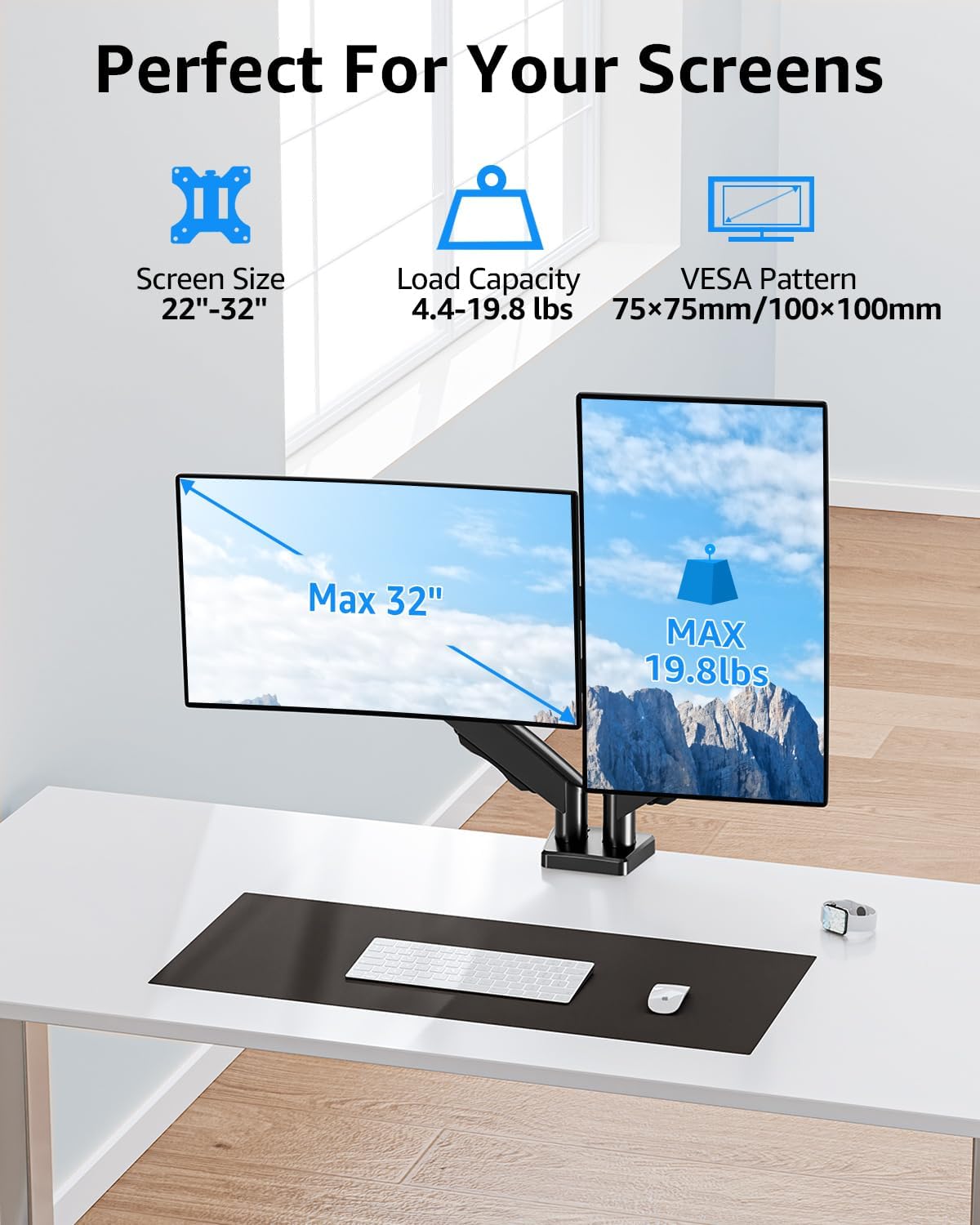 Dual Monitor Stand fits up to 32 inch, 4.4-19.8 lbs Computer Screens, Dual Monitor Desk Mount Height Adjustable, Monitor Arms for 2 Monitors, Home Office VESA Mounts, Freelift Black