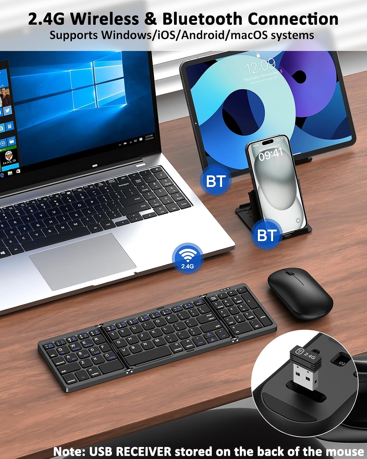 Foldable Keyboard Mouse Combo for Travel,Bluetooth/2.4G Rechargeable(Black)