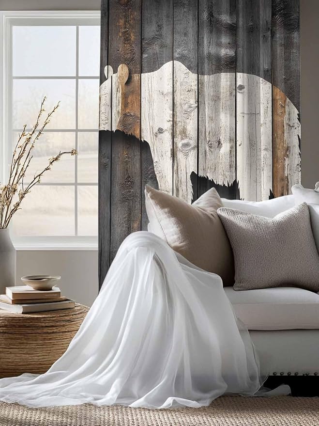 Sheer Curtains 63 Inch Length, Vintage White Brown Bear Semi Sheer Curtains