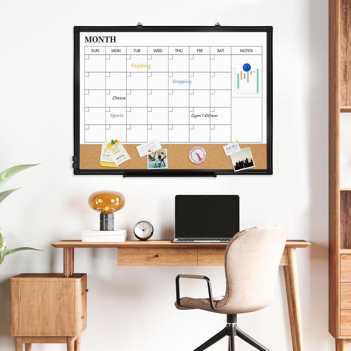 Monthly Dry Erase Calendar Whiteboard with Corkboard, 36" x 24", Black