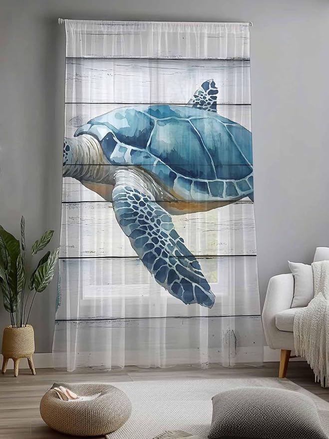 Sheer Curtains 84 Inches Long, Sea Turtle Blue Semi Sheer Curtains Light