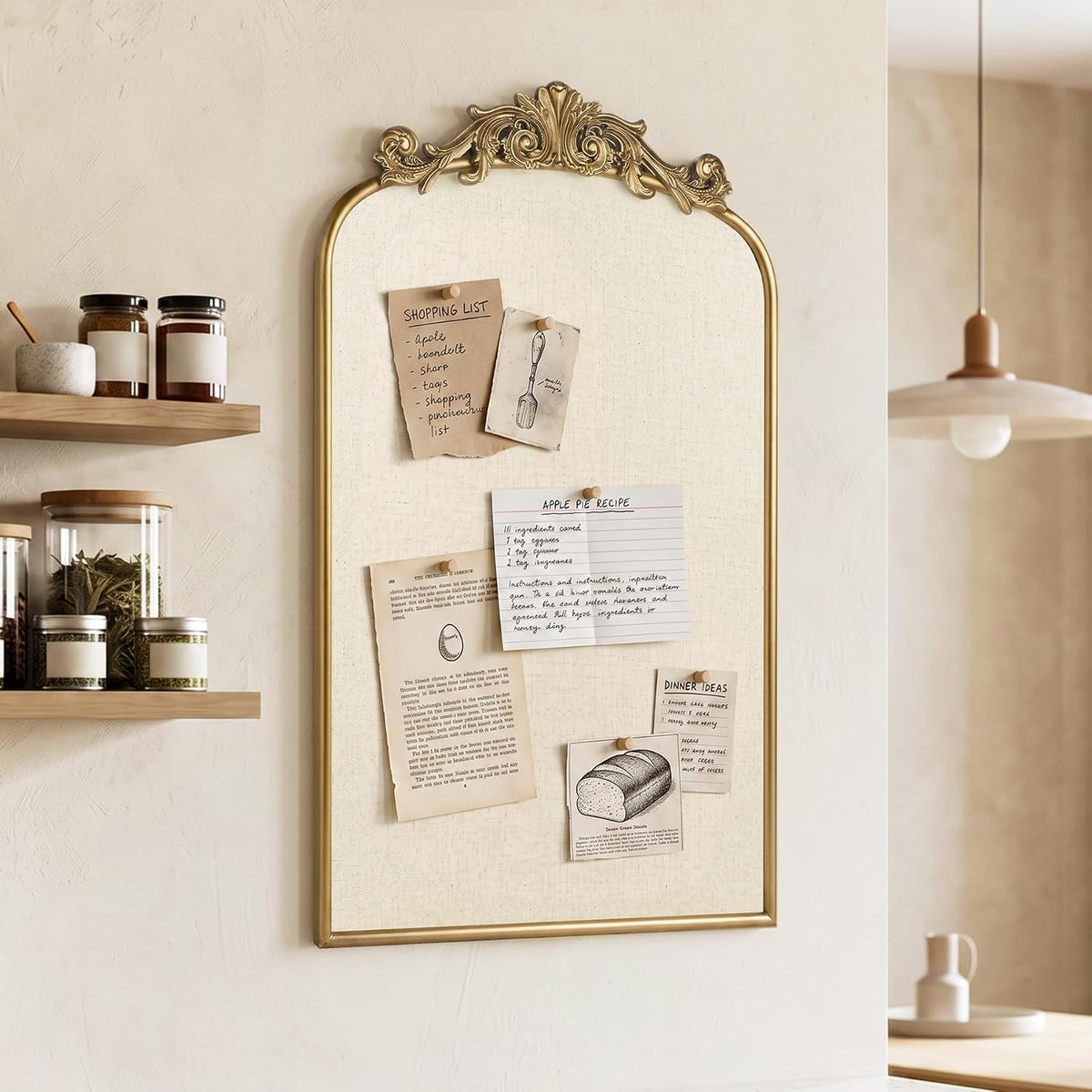 Vintage Linen Bulletin Board with Ornate Gold Frame, Wall Pin Board 19"x31"