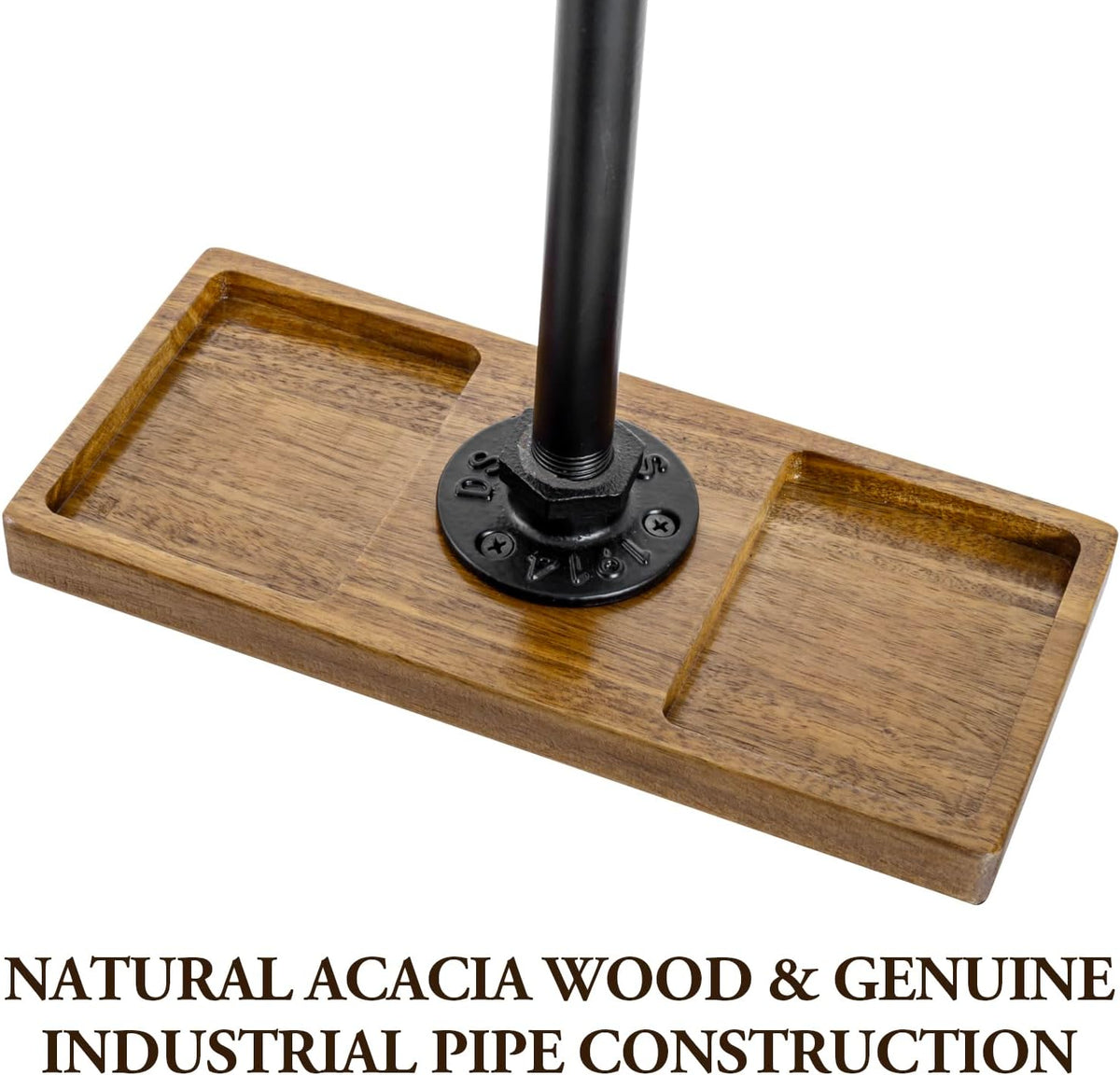 MyGift Premium Acacia Solid Wood and Industrial Black Metal Pipe T-Bar Over Ear Headphones Holder, Tabletop Dual Headphone Display Stand with Accessories Tray